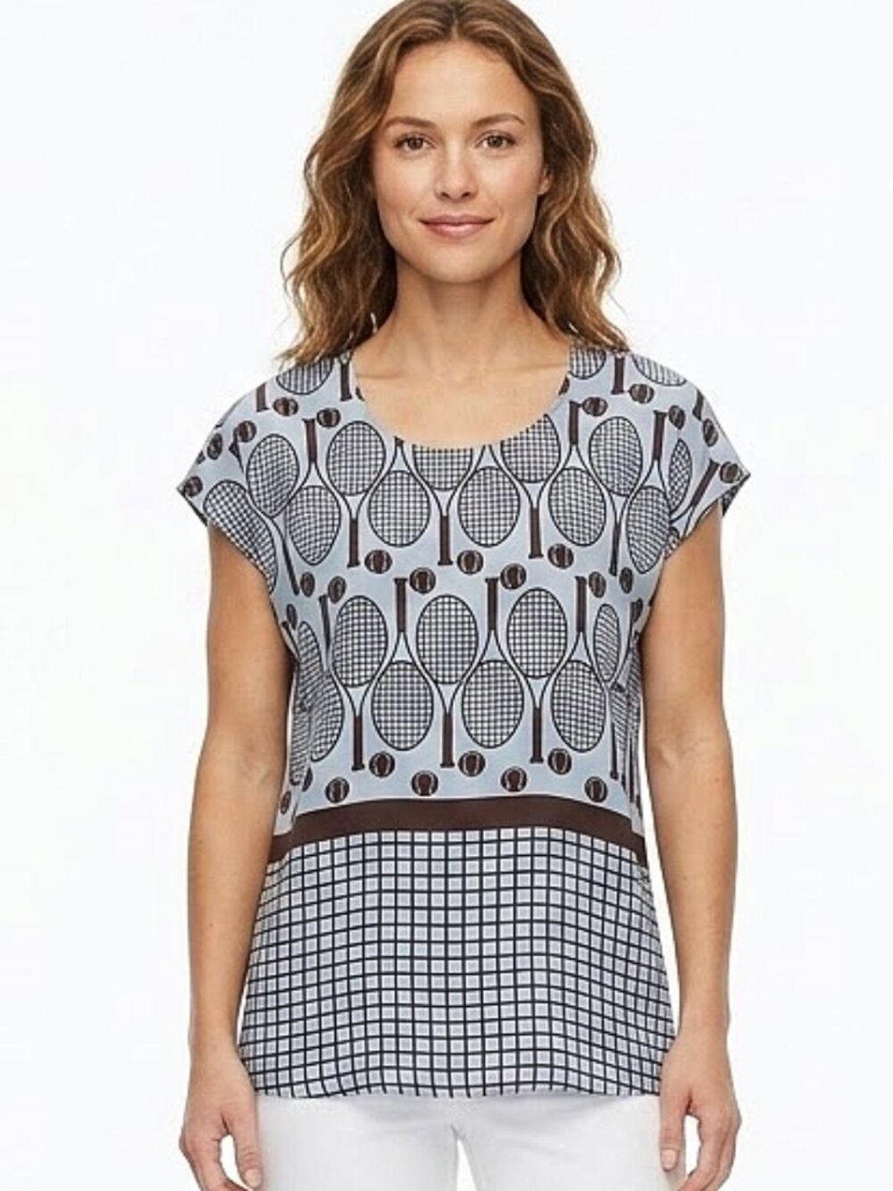 Alysi Tennis Theme Print Pull On Cap Sleeve Blouse- Sz. 2